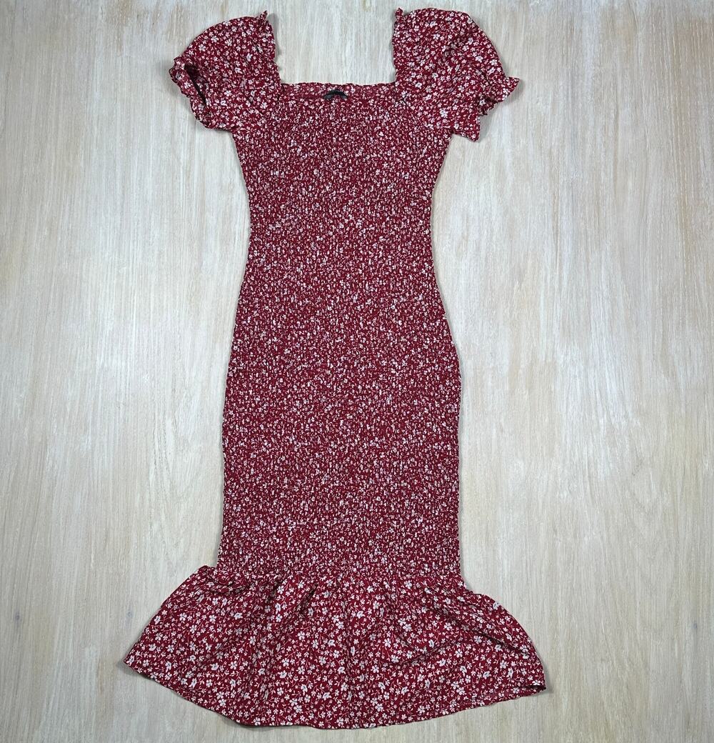 Pretty Garden Ditsy Floral Fully Smocked Dress Ruffle Hem Sleeves Boho Small